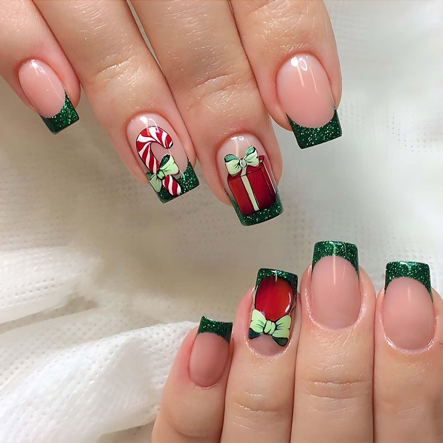 Christmas Green French Tip Press-On Nails – Stylish Square Acrylic False Nails