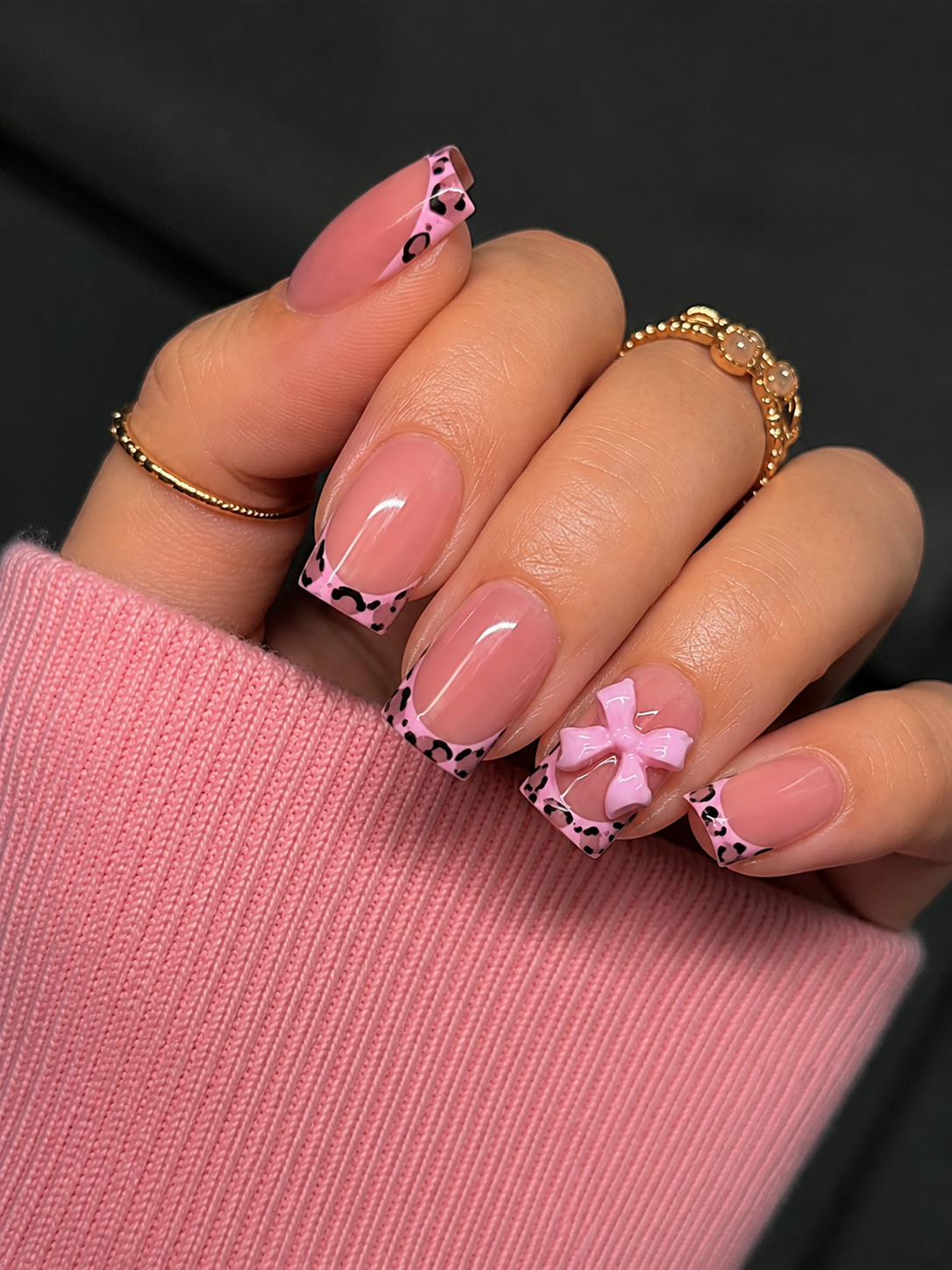 Leopard French Tip Press-On Nails – Short Square Pink Bow Design, 24pcs