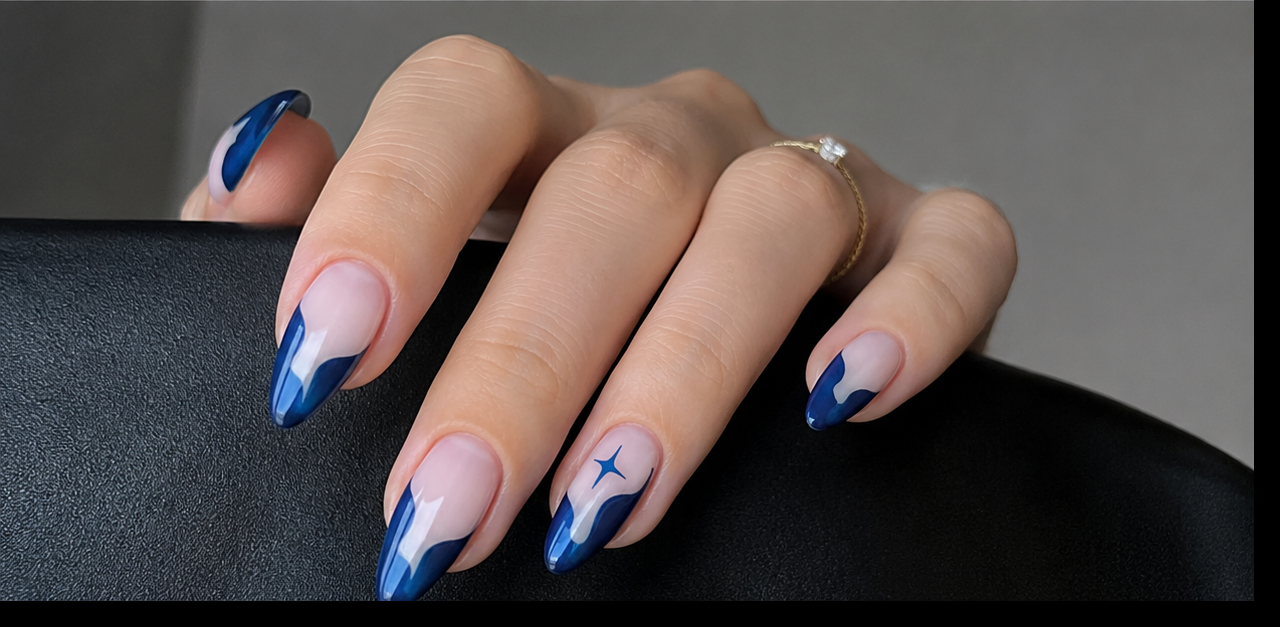 Blue Star French Tip Press-On Nails – Medium Almond, 24 Pcs