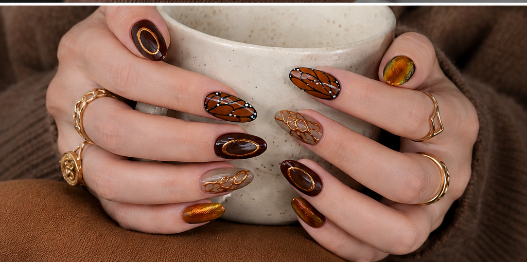 BABALAL Fall Medium Almond Press-On Nails – Brown Butterfly & 3D Gold Texture, 24PCS