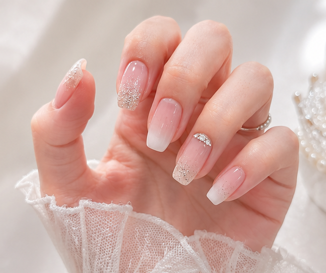 Gradient Pink Rhinestone Press-On Nails – Short Square Coffin, 24pcs