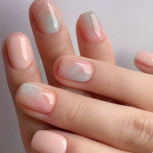 Short Square Gradient Nude Press On Nails, Glossy Full Cover Fake Nails for Women & Girls, 24Pcs