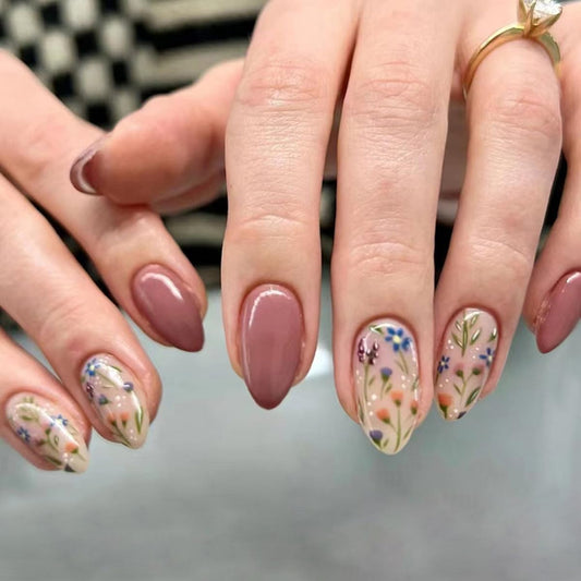 YEFIUO 30Pcs Extra Short Almond Floral Press-On Nails