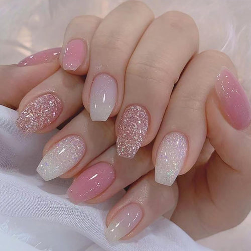 Pink Glitter Gradient Coffin Press-On Nails – Medium Length, 24 Pcs