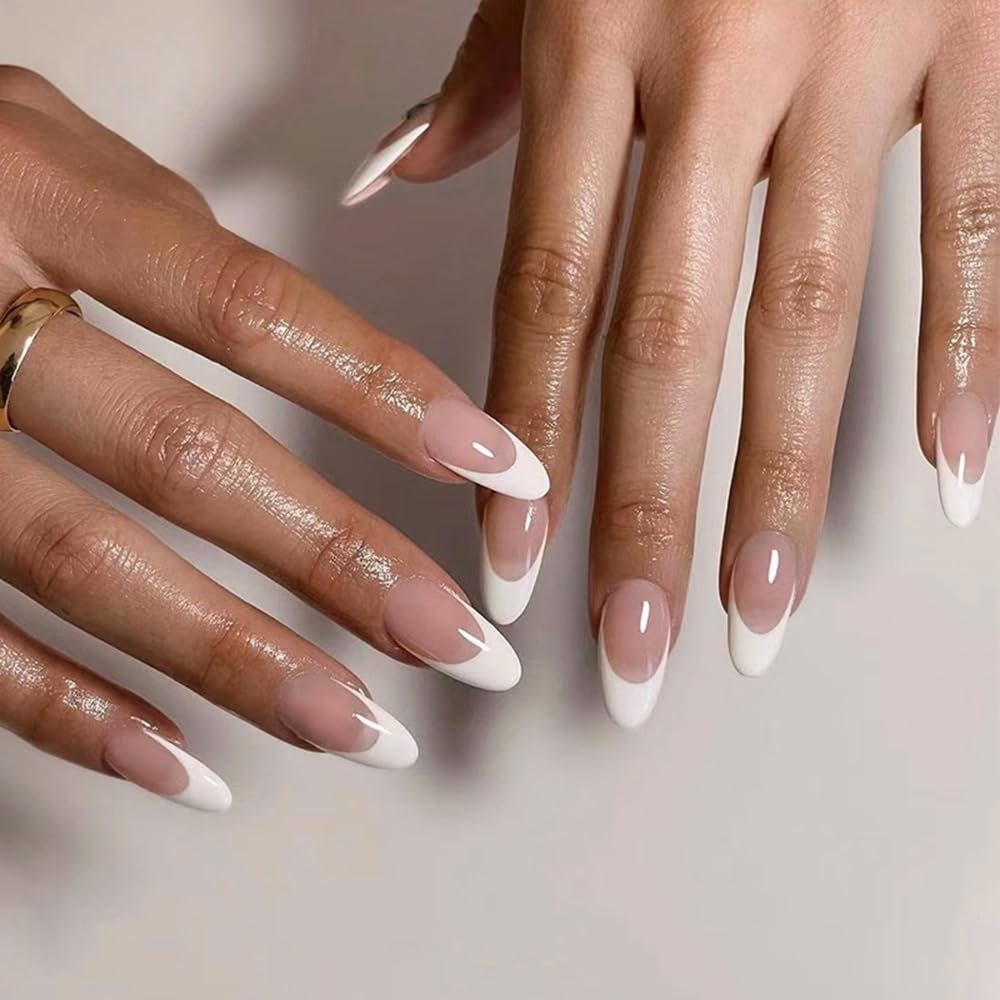 Medium Almond Nude Pink Press-On Nails with White French Tips, Glossy Full-Cover Acrylic Fake Nails , 24 Pcs