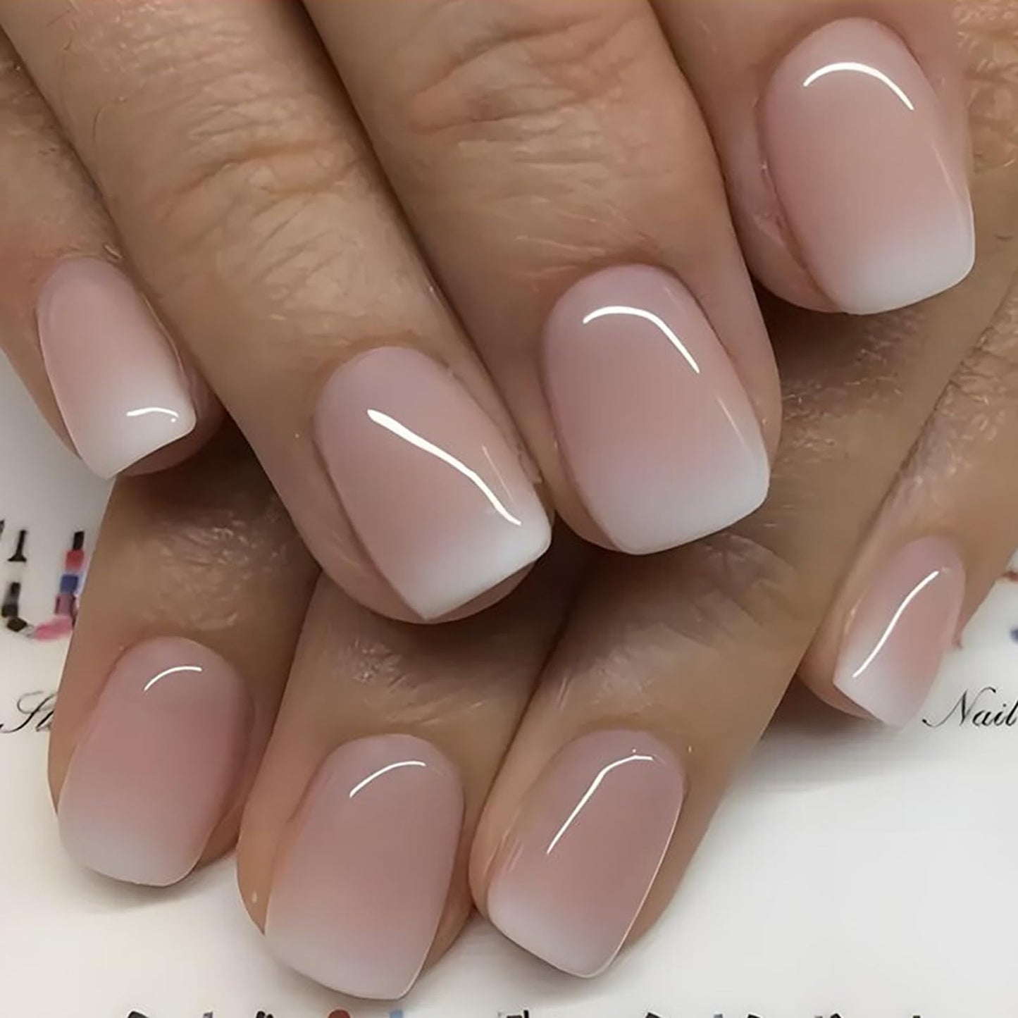 MABKJLF Short Square Press-On Nails – Pink & White Gradient, 24 Pcs