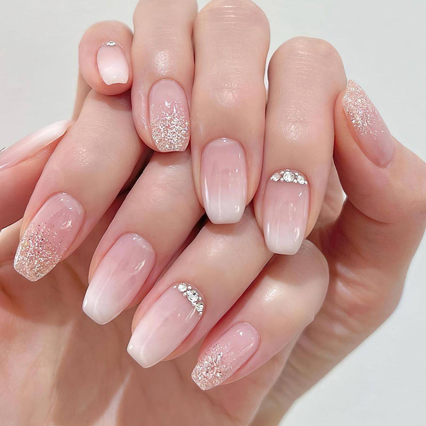 Gradient Pink Rhinestone Press-On Nails – Short Square Coffin, 24pcs