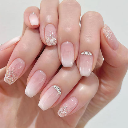 Gradient Pink Rhinestone Press-On Nails – Short Square Coffin, 24pcs