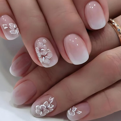 RUPOFUZA Short Square Press-On Nails – White Ombre Floral Gloss, 24 Pcs