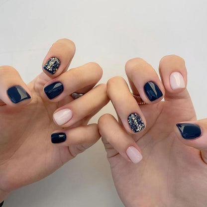 Inky Blue & Pink Glitter Short Square Press-On Nails – 24 Pcs