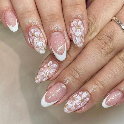 24Pcs Medium Almond Nude White French Tip Floral Glitter Press-On Nails