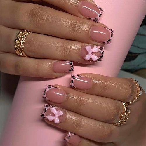 Leopard French Tip Press-On Nails – Short Square Pink Bow Design, 24pcs