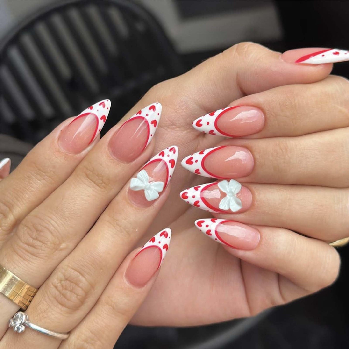 24Pcs Valentine’s Day Heart & Bow French Tip Press-On Nails