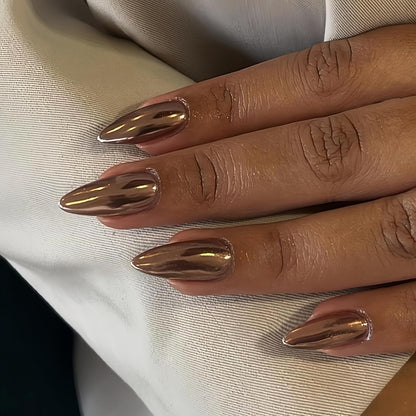 Light Bronze Chrome Press-On Nails – Medium Almond Metallic Stiletto, 24 Pcs