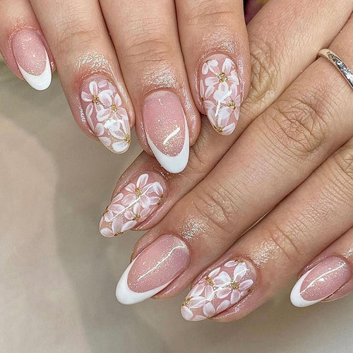 24Pcs Medium Almond Nude White French Tip Floral Glitter Press-On Nails