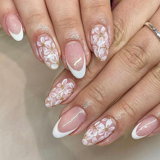24Pcs Medium Almond Nude White French Tip Floral Glitter Press-On Nails