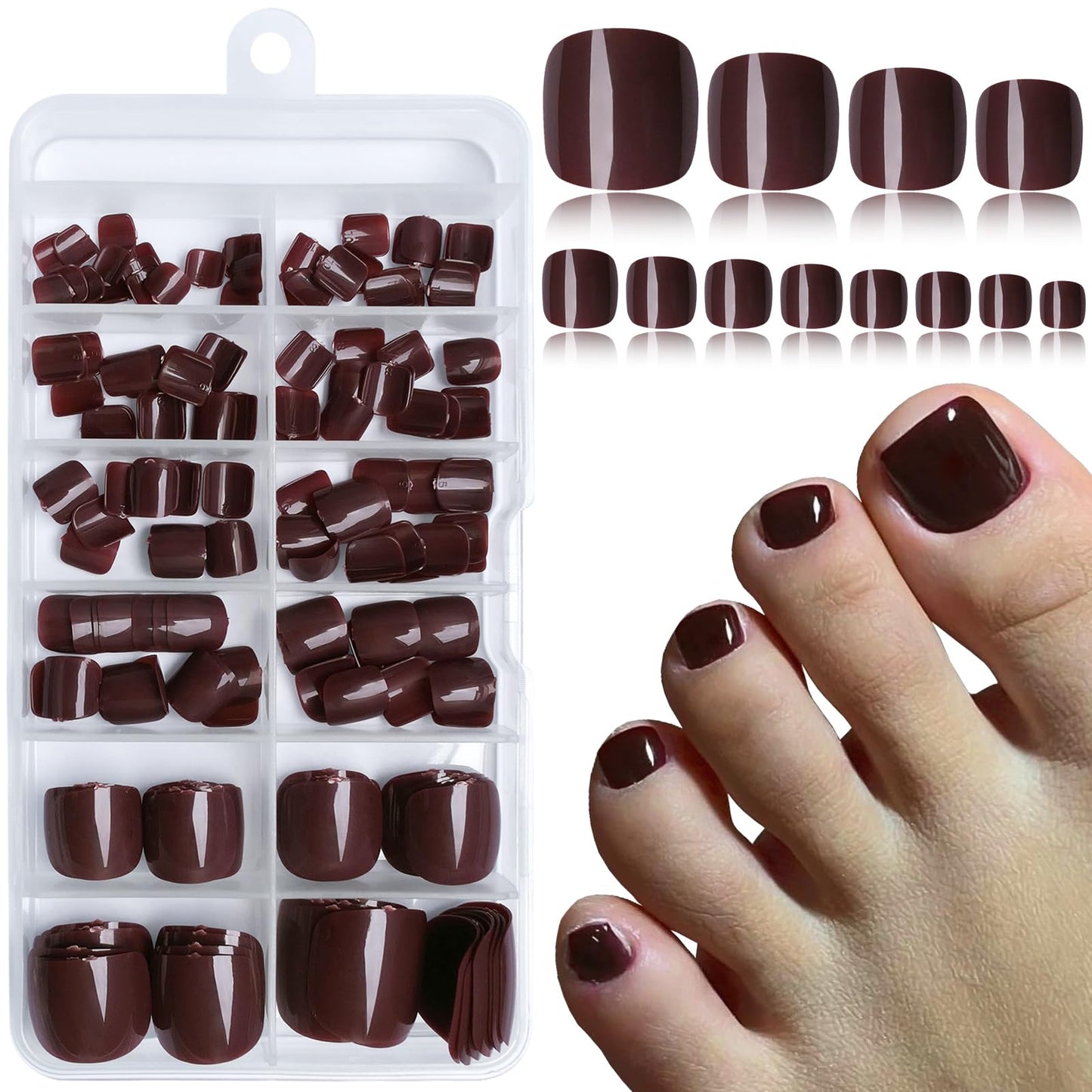 Wine Red Press-On Toenails – 240PCS with Glue & Adhesive Tabs