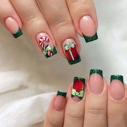 Christmas Green French Tip Press-On Nails – Stylish Square Acrylic False Nails