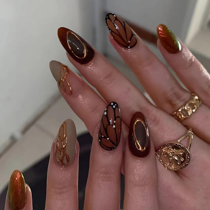 BABALAL Fall Medium Almond Press-On Nails – Brown Butterfly & 3D Gold Texture, 24PCS