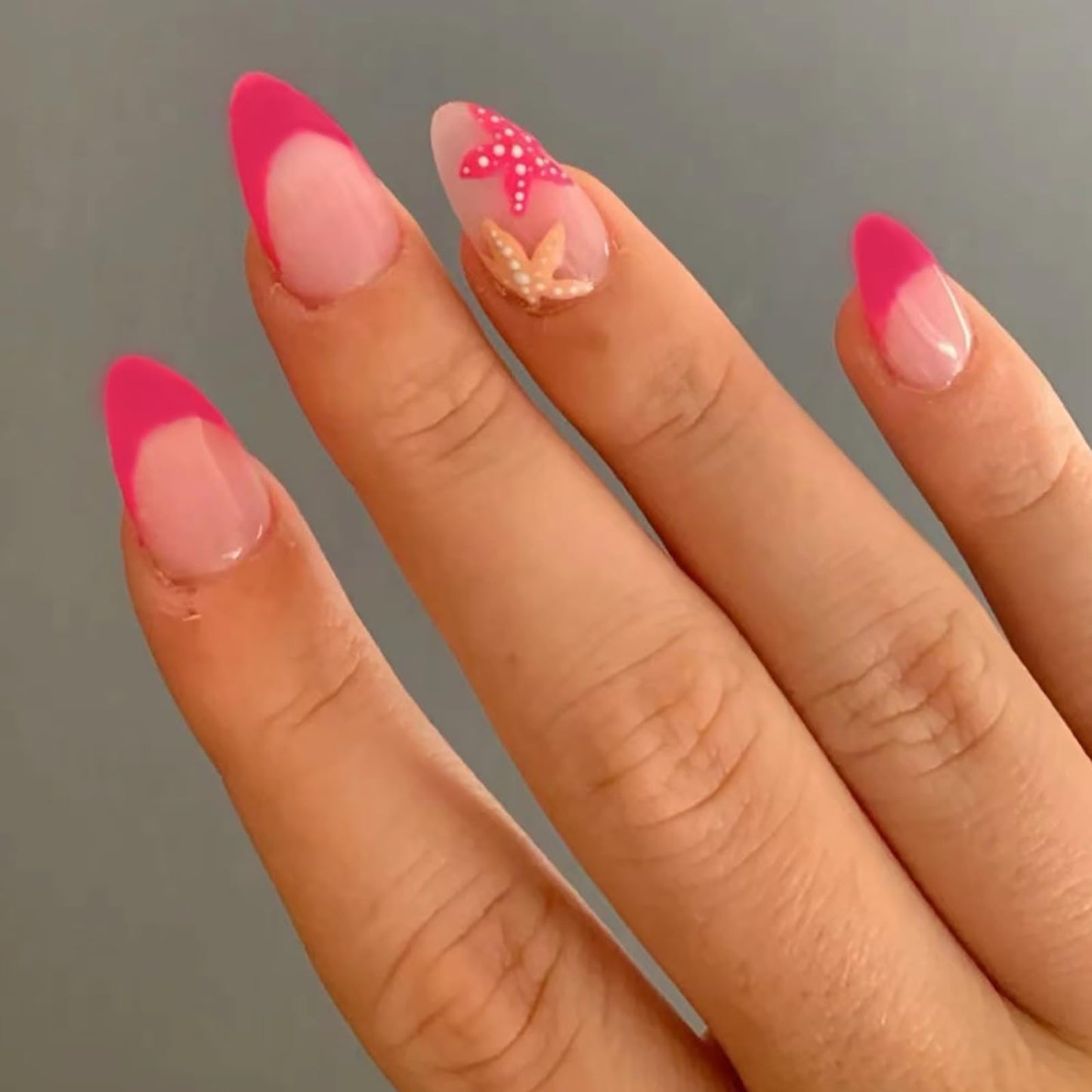 Pink French Tip Starfish Press-On Nails – Glossy Summer Design, 24 Pcs