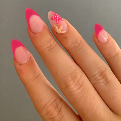 Pink French Tip Starfish Press-On Nails – Glossy Summer Design, 24 Pcs