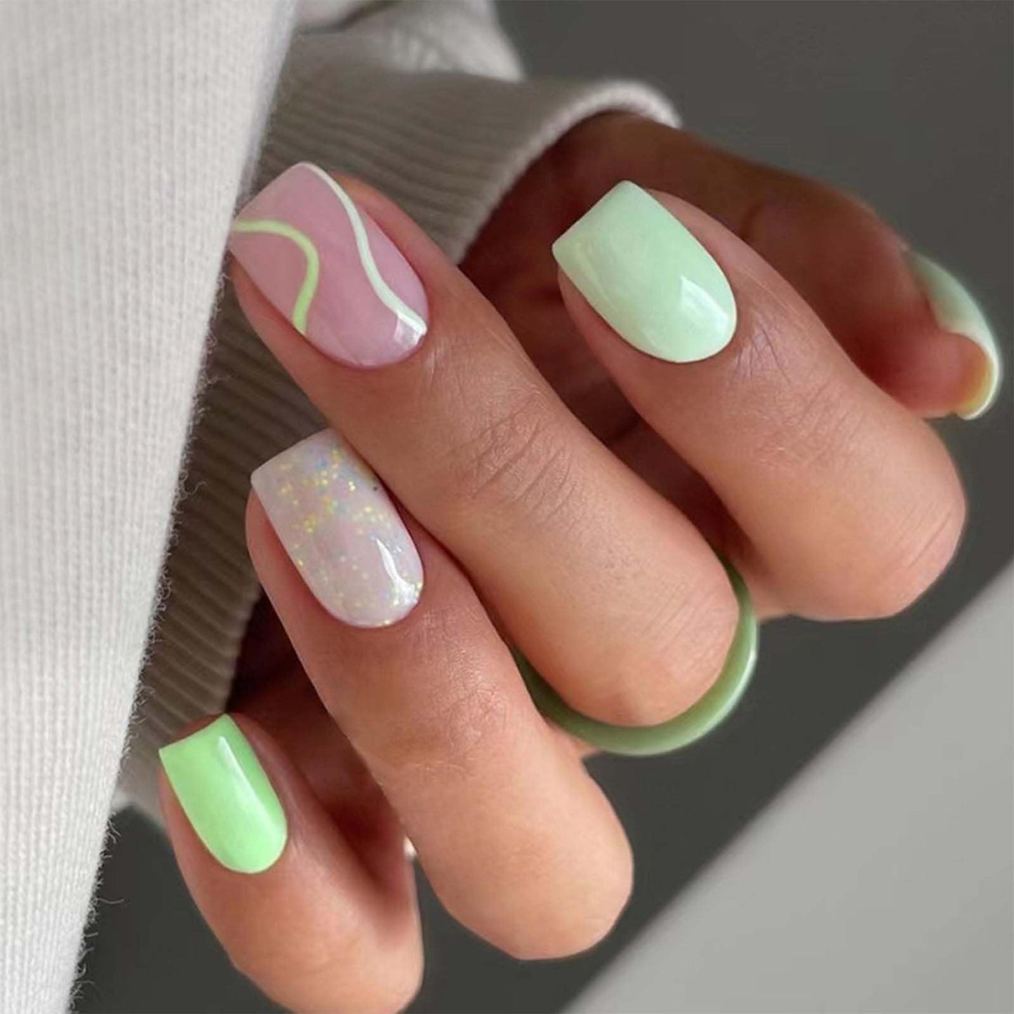 Medium Square Green & Pink Swirl Glitter Press-On Nails – 24 Pcs