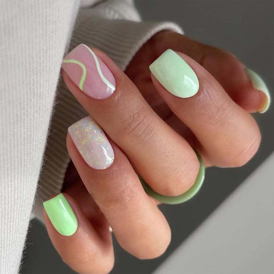 Medium Square Green & Pink Swirl Glitter Press-On Nails – 24 Pcs