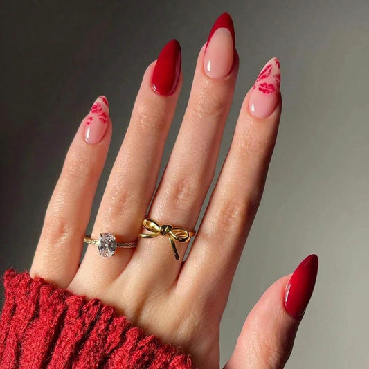 Valentine’s Day Red Lip French Tip Press-On Nails – Medium Almond, 24 Pcs