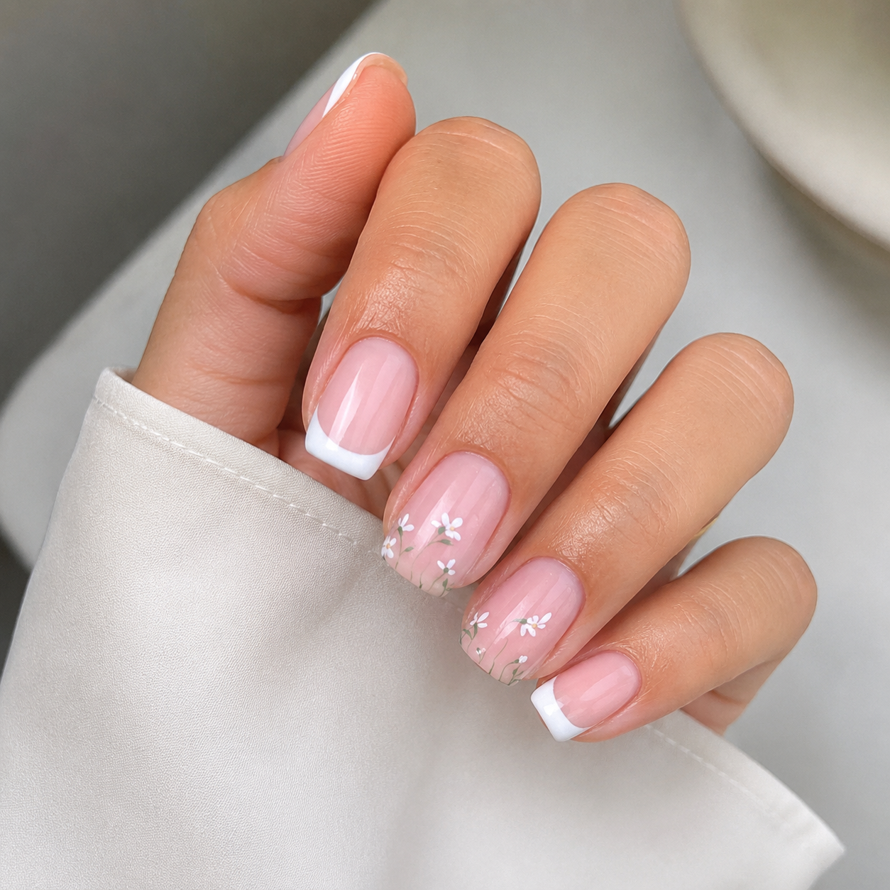 WAFOLOZE 24Pcs Short Square White French Tip Flower Press-On Nails
