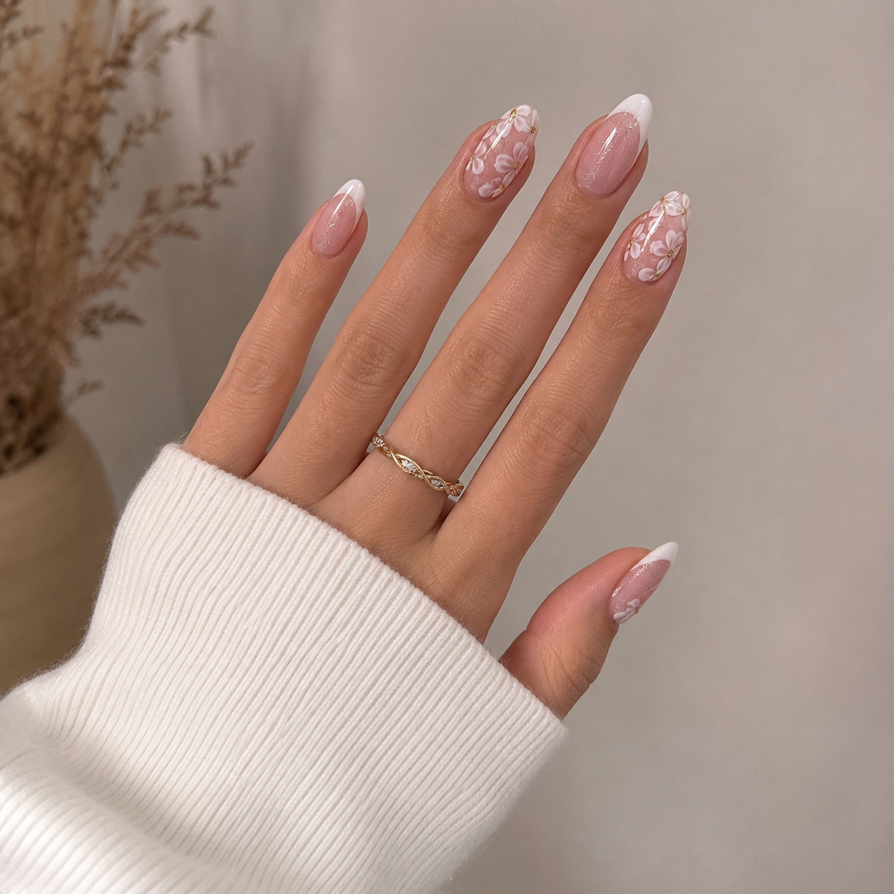 24Pcs Medium Almond Nude White French Tip Floral Glitter Press-On Nails