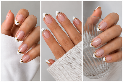 24Pcs Short Almond Pink White French Tip Press-On Nails with Gold Line Design