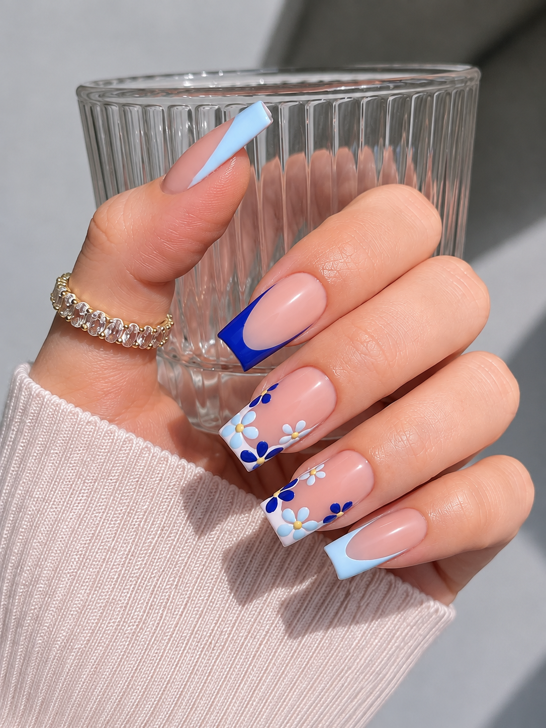 Pink & Blue Floral French Tip Press-On Nails – 24 Pcs
