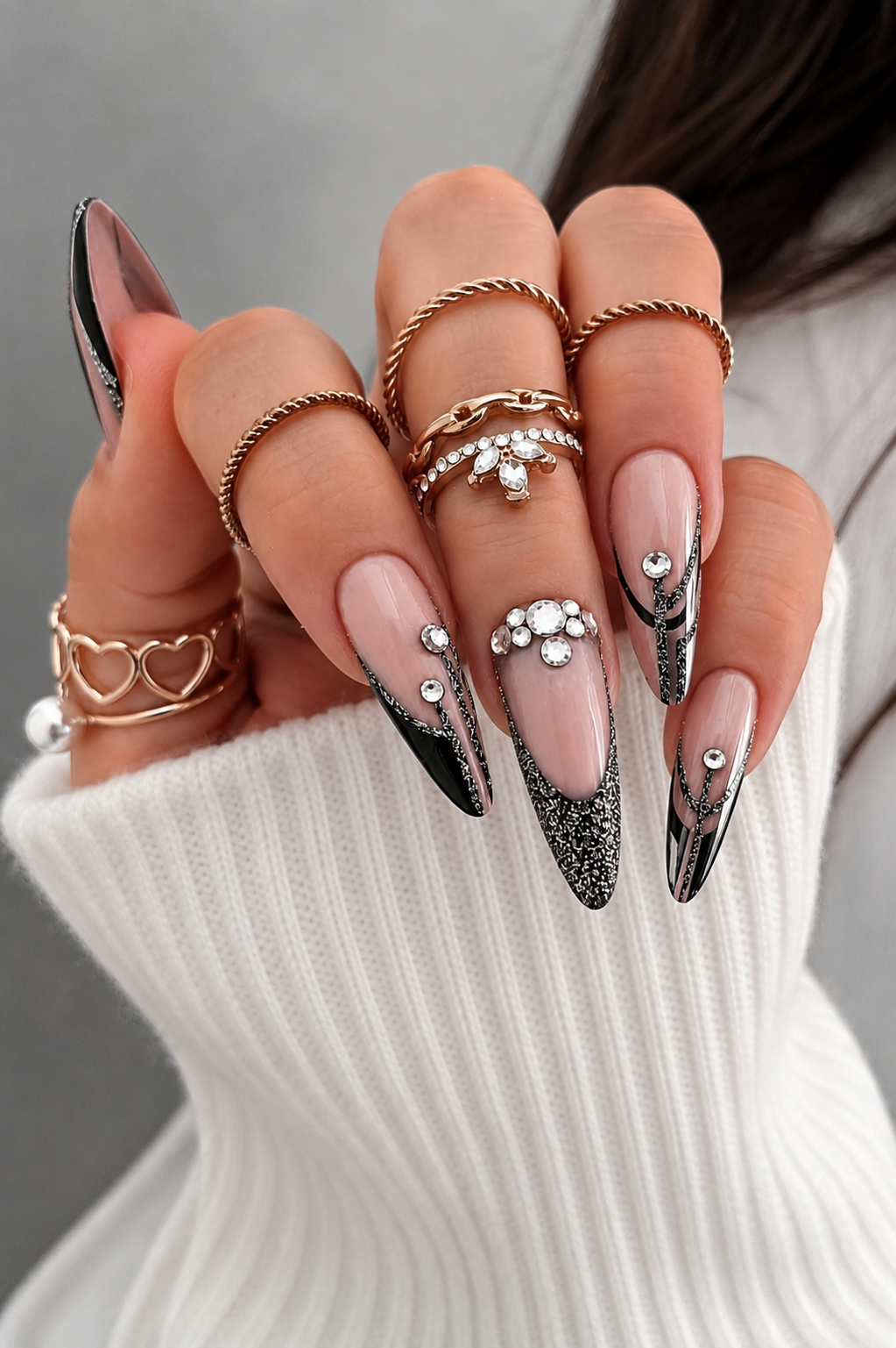 MISUD Medium Almond Press-On Nails – Black French Tip with Rhinestones, 24 Pcs