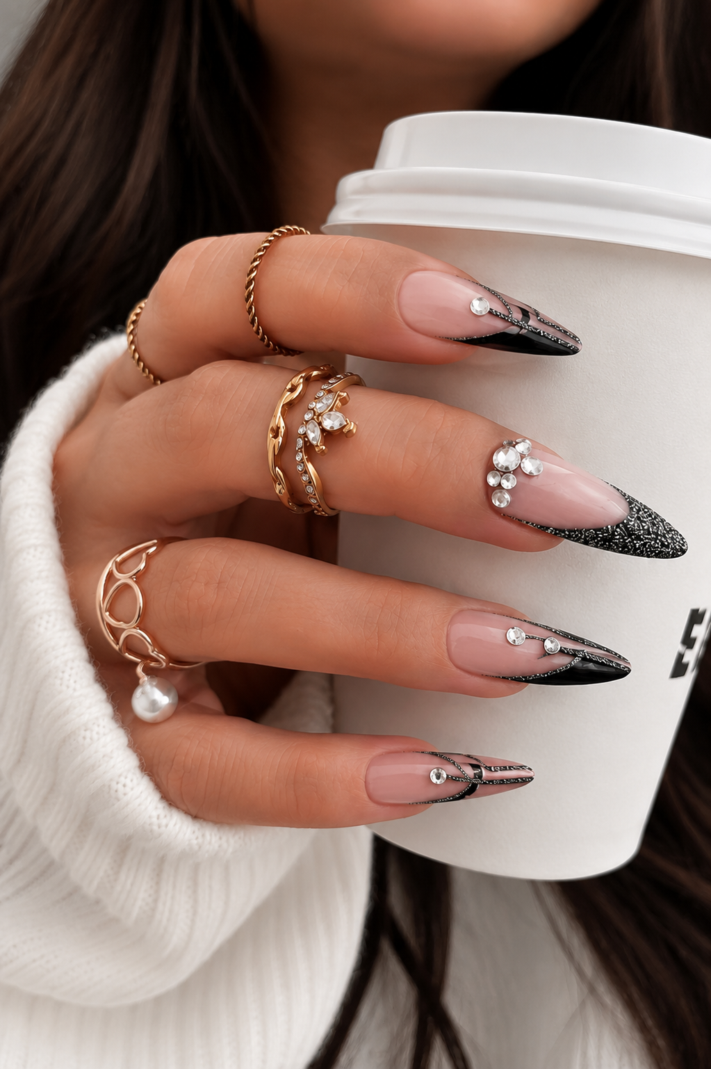 MISUD Medium Almond Press-On Nails – Black French Tip with Rhinestones, 24 Pcs