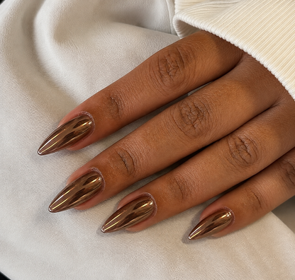 Light Bronze Chrome Press-On Nails – Medium Almond Metallic Stiletto, 24 Pcs