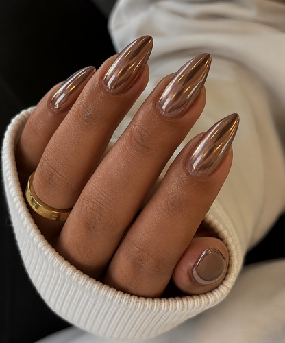 Light Bronze Chrome Press-On Nails – Medium Almond Metallic Stiletto, 24 Pcs