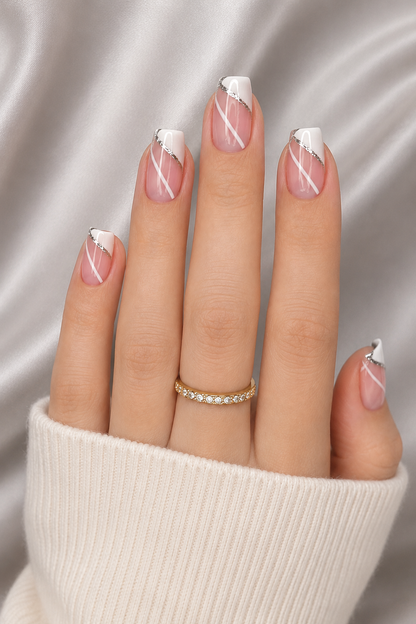 Medium Square Nude Pink French Tip Press-On Nails with Glitter Line – 24PCS
