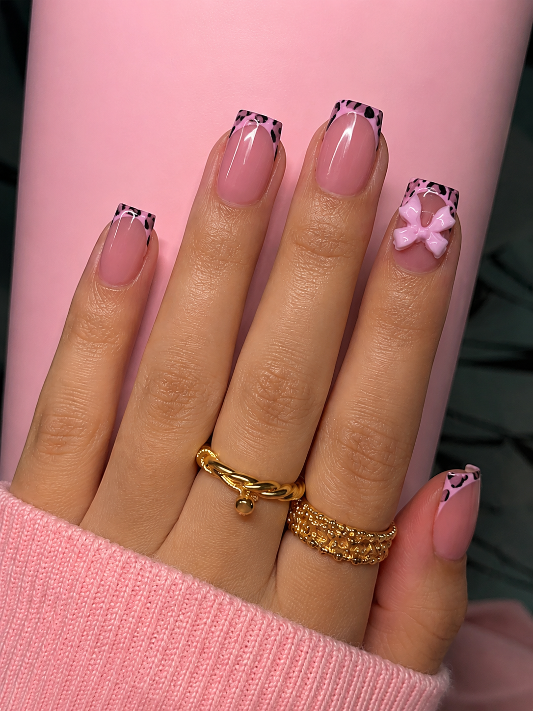 Leopard French Tip Press-On Nails – Short Square Pink Bow Design, 24pcs