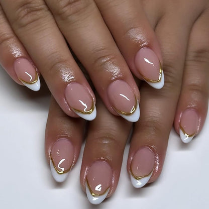 24Pcs Short Almond Pink White French Tip Press-On Nails with Gold Line Design
