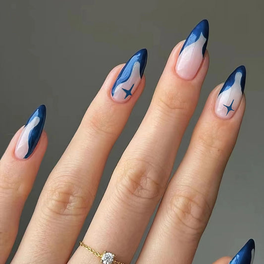 Blue Star French Tip Press-On Nails – Medium Almond, 24 Pcs