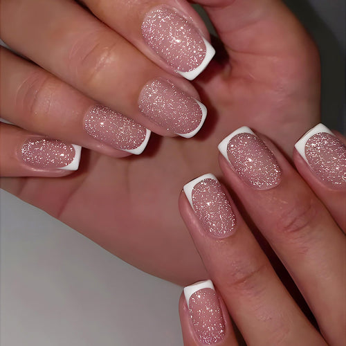 Rilafuvu Short Square Pink Glitter French Tip Press-On Nails – 24 Pcs
