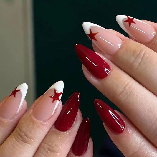 Y2K Wine Red Star French Tip Press-On Nails – Medium Almond, 24 Pcs