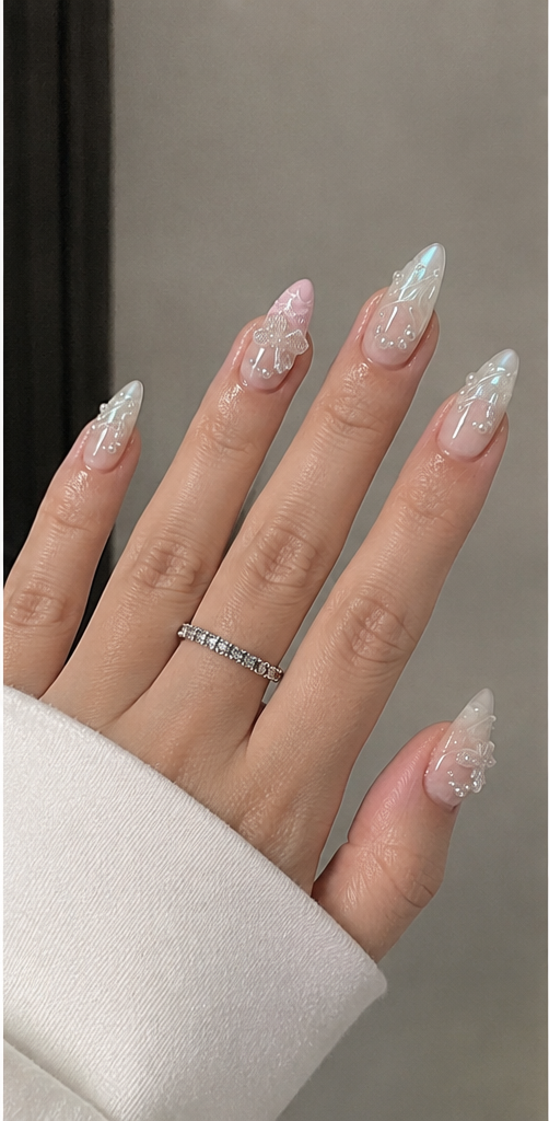 YEFIUO 24Pcs Short Almond Nude Pink Aurora Butterfly Bow Press-On Nails