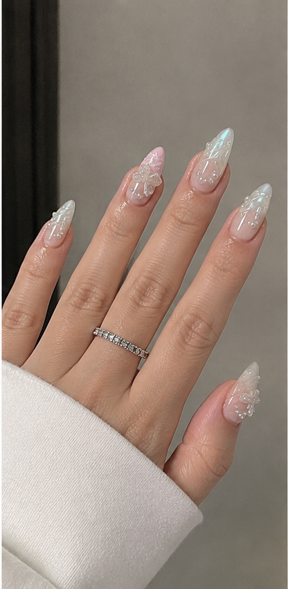 YEFIUO 24Pcs Short Almond Nude Pink Aurora Butterfly Bow Press-On Nails