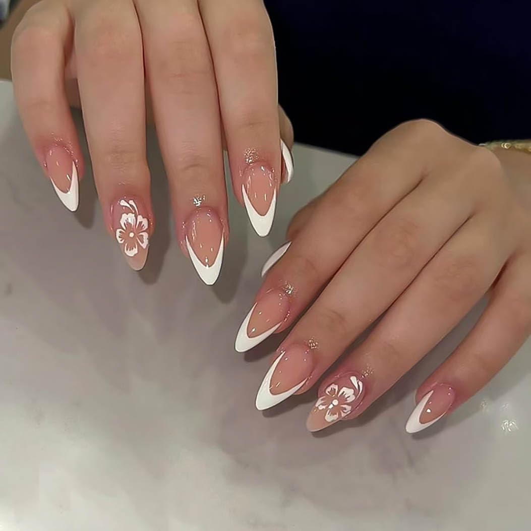 RikView Medium Almond Press-On Nails – Glossy White French Tips, 24 Pcs