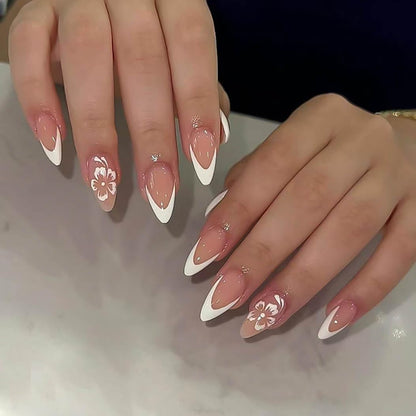 RikView Medium Almond Press-On Nails – Glossy White French Tips, 24 Pcs