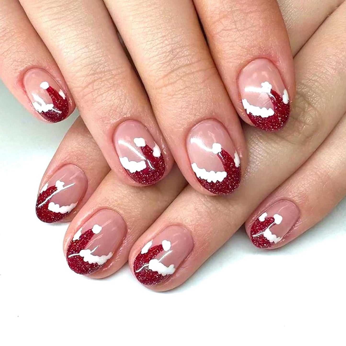 24Pcs Short Oval Nude Pink Red French Tip Christmas Press-On Nails