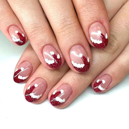 24Pcs Short Oval Nude Pink Red French Tip Christmas Press-On Nails