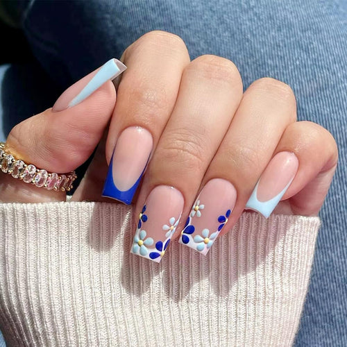 Pink & Blue Floral French Tip Press-On Nails – 24 Pcs