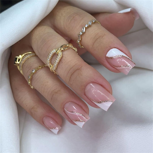 Medium Square Nude Pink French Tip Press-On Nails with Glitter Line – 24PCS